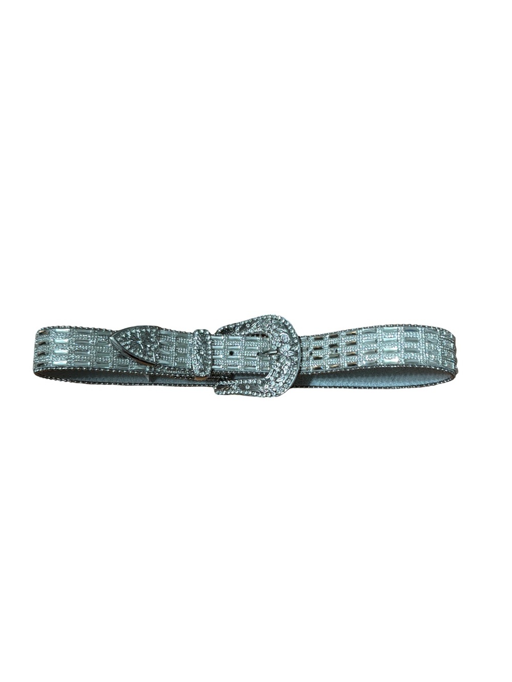 Buckle Women's Genuine Leather Metallic Belt Silver Rhinestone Embellished